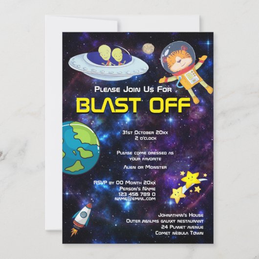 エイリアンの動物宇宙飛行士 ANY AGE 宇宙銀河パーティー 招待状 (正面)