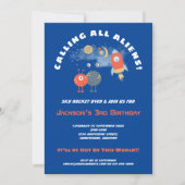 エイリアンの宇宙船の漫画の少年 3歳の誕生日 青 招待状 (正面)