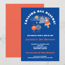 エイリアンの宇宙船の漫画の少年 3歳の誕生日 青