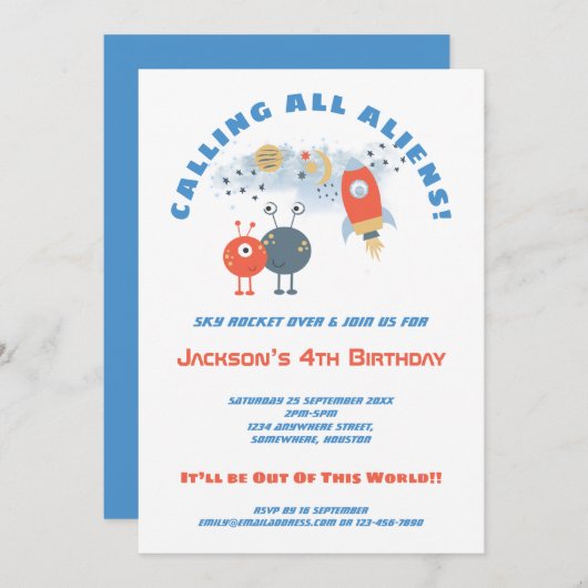 エイリアンの宇宙船の漫画 少年の4歳の誕生日パーティー 招待状 (正面/裏面)