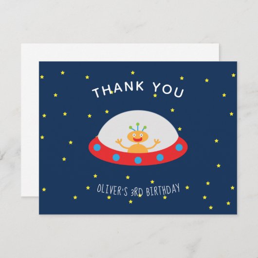 エイリアンの宇宙船の誕生日お礼のメモ サンキューカード (正面/裏面)