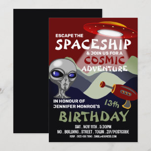 エイリアンの宇宙船をテーマにした脱出ゲーム、誕生日パーティー 招待状