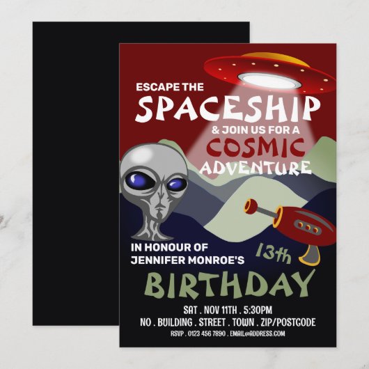 エイリアンの宇宙船をテーマにした脱出ゲーム、誕生日パーティー 招待状 (正面/裏面)