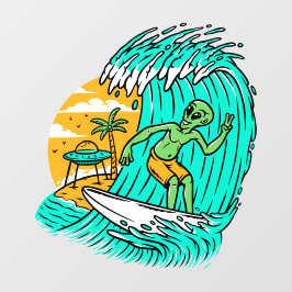 エイリアンの平和標識サーフィンUFOがビーチに駐車 ウィンドウサイン