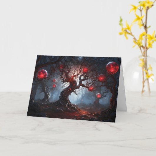 エイリアンの森、輝く赤い球体 "ハッピーハロウィン!" カード (黄色い花)