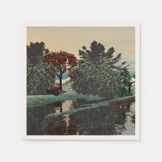 エイリアンの風景、木、ラグーンHYPERION Sci Fi スタンダードカクテルナプキン (正面)