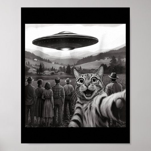 エイリアンを見る猫のセルフィー 面白い猫グッズ ポスター (正面)