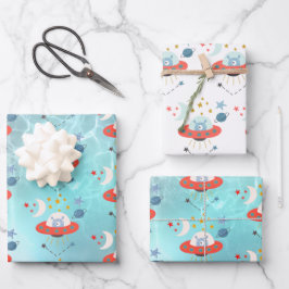 エイリアンイン宇宙船パターンボーイ誕生日ホワイトティール（緑がかった色） ラッピングペーパーシート