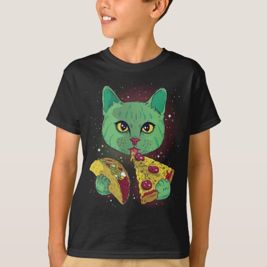 エイリアンキャッおもしろいチ食べザタコ宇宙キャッツ子猫ロ Tシャツ (正面)
