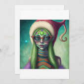 エイリアンクリスマスヒッピー小妖精や小人ギフト。Tシャツ シーズンカード (正面/裏面)