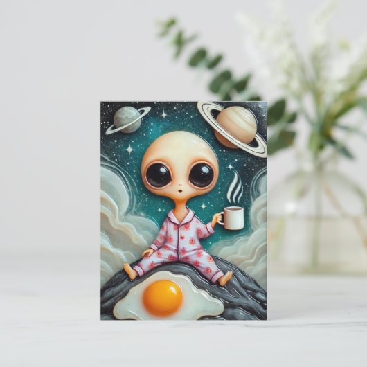 エイリアンコーヒーと卵が岩の上に座る ポストカード (スタンド正面)
