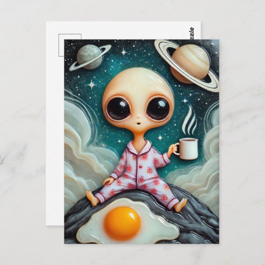 エイリアンコーヒーと卵が岩の上に座る ポストカード (正面/裏面)