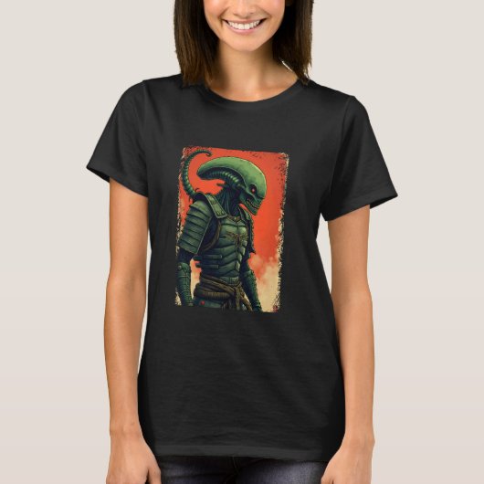 エイリアンサムライ日本のティーSci-FiデザインアパレルU Tシャツ (正面)