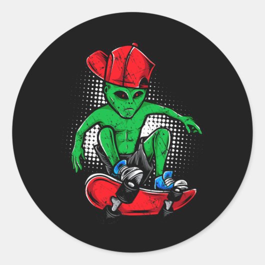 エイリアンスケートボーダーTシャツ UFO スケボ好き ラウンドシール (正面)