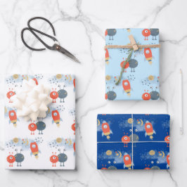 エイリアンスペシーシップボーイ誕生日ホワイトブルー ラッピングペーパーシート