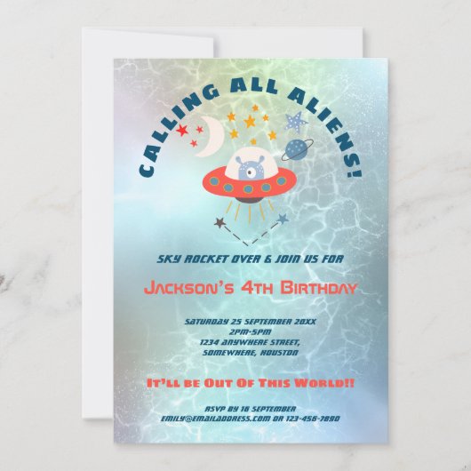 エイリアンティール（緑がかった色）水色4th誕生日パーティー 招待状 (正面)