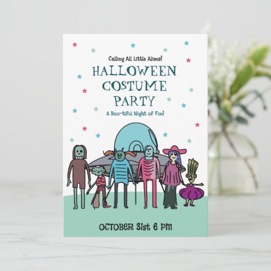 エイリアンハロウィーンの衣装パーティー | キッズ宇宙おもしろい 招待状 (スタンド正面)