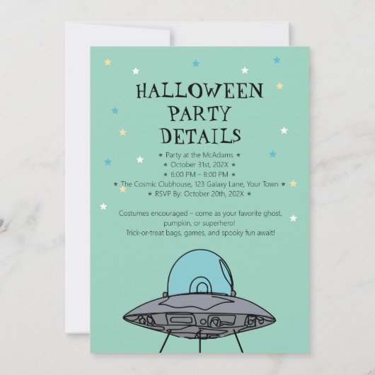 エイリアンハロウィーンの衣装パーティー | キッズ宇宙おもしろい 招待状 (裏面)