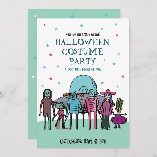 エイリアンハロウィーンの衣装パーティー | キッズ宇宙おもしろい 招待状 (正面/裏面)