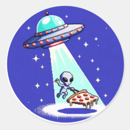 エイリアンピザの取り外しおもしろい- Pixel Art UFOデザイン ラウンドシール