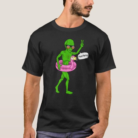エイリアンプールパーティーフラミンゴフロートUfo Extraterrester Tシャツ (正面)