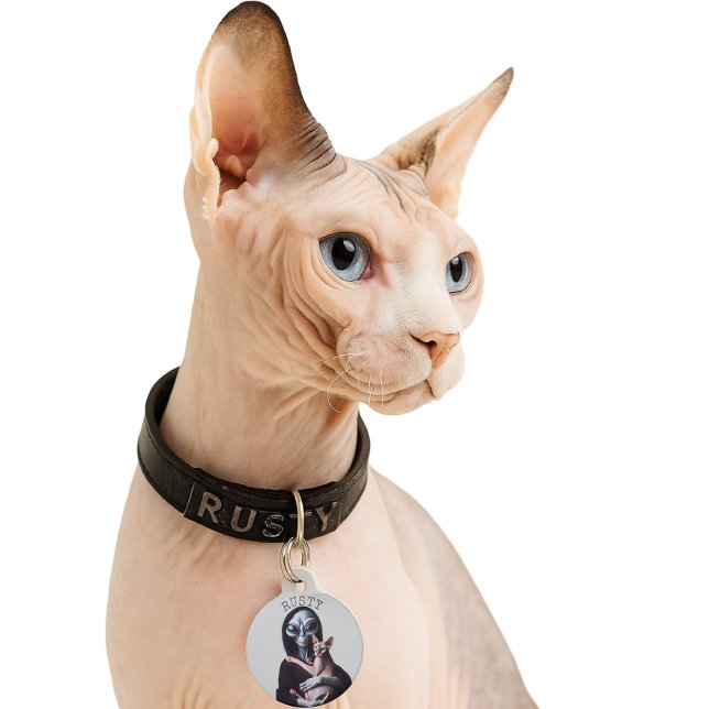 エイリアンヘアレススフィンクス猫名前をカスタムするペット用名札 ペット　ネームタグ (Alien Holding Sphynx Cat ID tag)