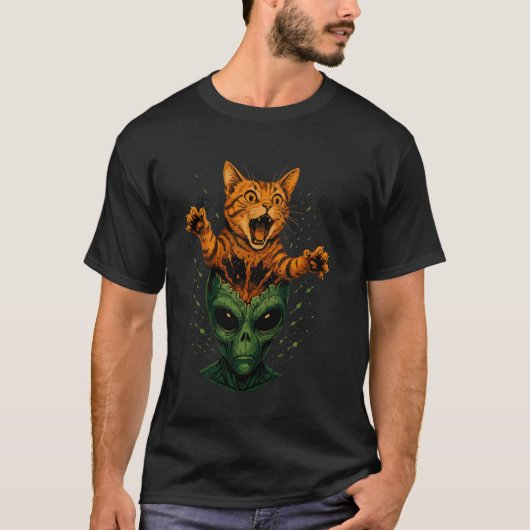 エイリアンヘッド 猫 爆発 楽しい SF キティ 変な Tシャツ (正面)