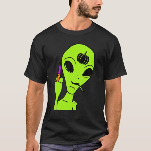 エイリアン中指怠惰ハロウィーン衣装Ufo Pu Tシャツ (正面)