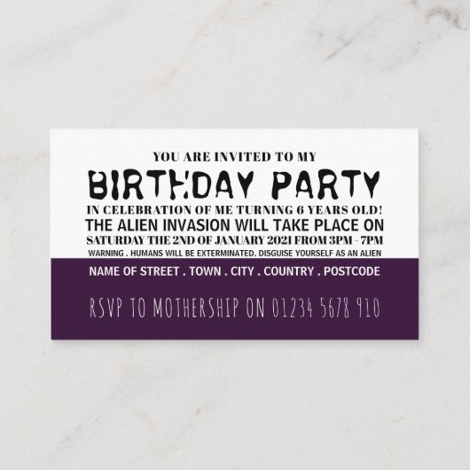 エイリアン侵略子供の誕生日パーティーチケット エンクロージャーカード (裏面)