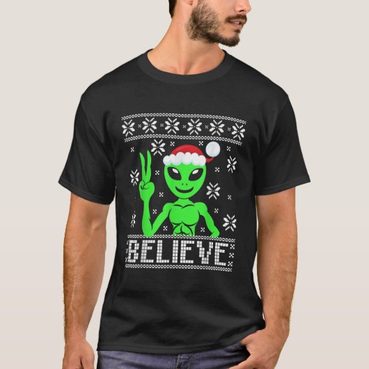 エイリアン信じの醜いクリスマスセーター Tシャツ (正面)