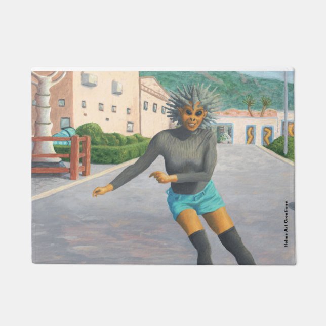 エイリアン女性ローラスケートで滑るファンタジーアートドアマット ドアマット (正面)