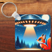 エイリアン宇宙船とキツネ キーホルダー (正面)