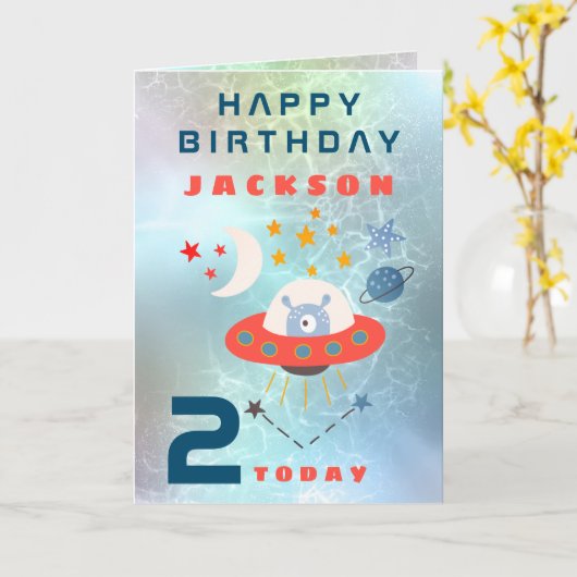 エイリアン宇宙船エージ2誕生日宇宙ティール(緑がかった色) カード (黄色い花)