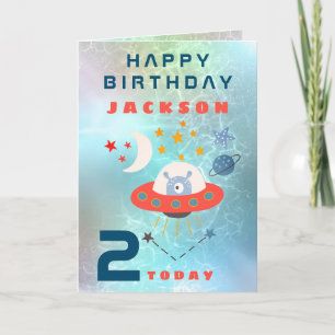 エイリアン宇宙船エージ2誕生日宇宙ティール(緑がかった色) カード