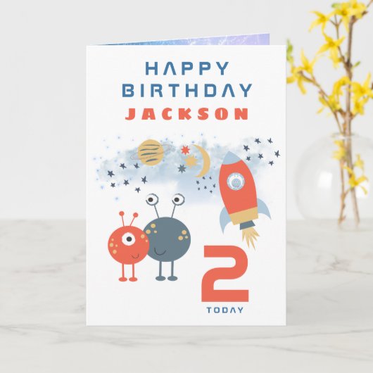 エイリアン宇宙船エージ2誕生日宇宙ホワイト カード (黄色い花)