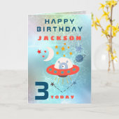 エイリアン宇宙船エージ3宇宙ティール（緑がかった色）誕生日 カード (黄色い花)