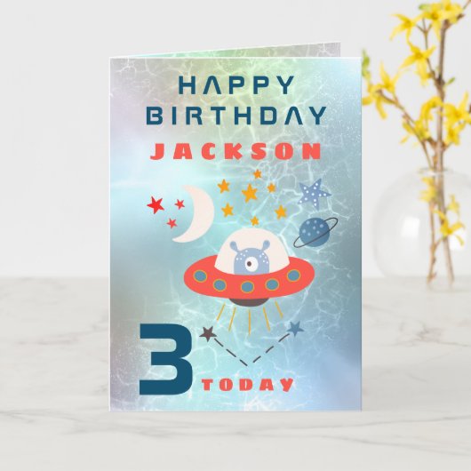 エイリアン宇宙船エージ3宇宙ティール(緑がかった色)誕生日 カード (黄色い花)