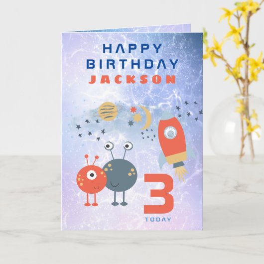 エイリアン宇宙船エージ3誕生日宇宙薄紫 カード (黄色い花)
