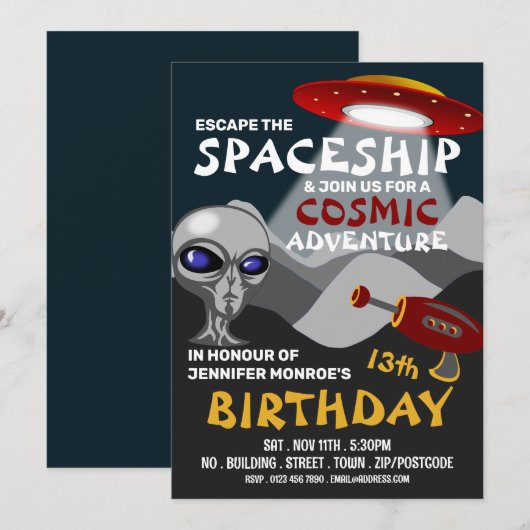 エイリアン宇宙船テーマエスケープルーム誕生日パーティー 招待状 (正面/裏面)
