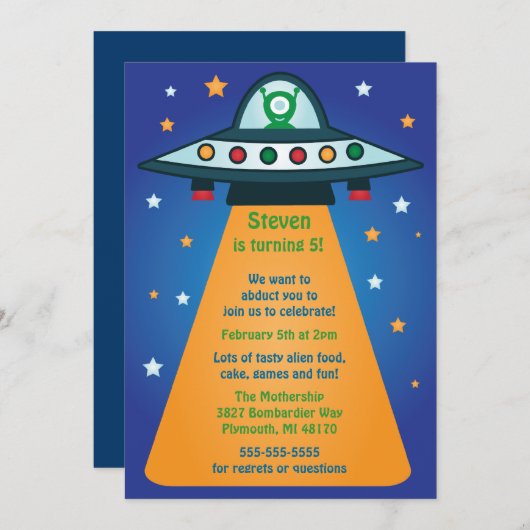 エイリアン宇宙船バースデーパーティ招待状 招待状 (正面/裏面)