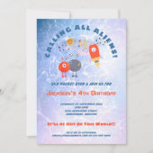 エイリアン宇宙船ボーイブルー薄紫4th誕生日パーティー 招待状 (正面)