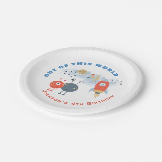 エイリアン宇宙船ムーンスターズ男の子4th誕生日パーティー ペーパープレート (アングル)
