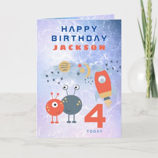 エイリアン宇宙船Age 4誕生日宇宙薄紫 カード (正面)