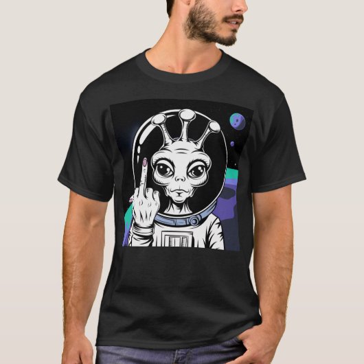 エイリアン宇宙飛行士おもしろい中指tシャツ tシャツ (正面)