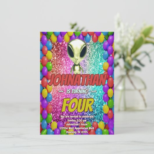 エイリアン宇宙UFOロケット船宇宙の誕生日招待状 招待状 (スタンド正面)