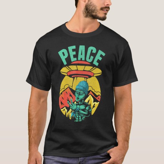 エイリアン平和サインUfo宇宙船エイリアン信者Flyi Tシャツ (正面)