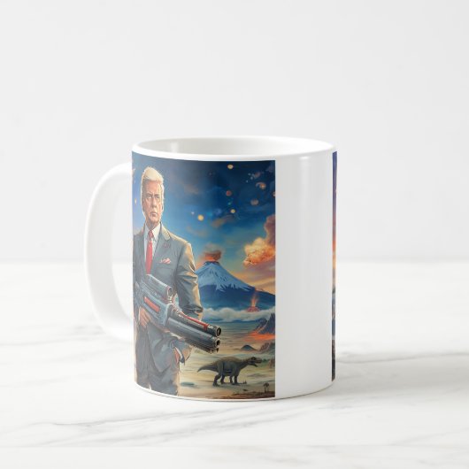 エイリアン惑星恐竜レーザー銃火山の上のトランプ コーヒーマグカップ (正面左)