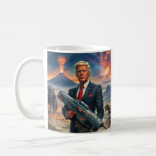 エイリアン惑星恐竜レーザー銃火山の上のトランプ コーヒーマグカップ (左)