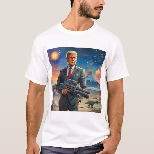 エイリアン惑星恐竜レーザー銃火山の上のトランプ Tシャツ (正面)
