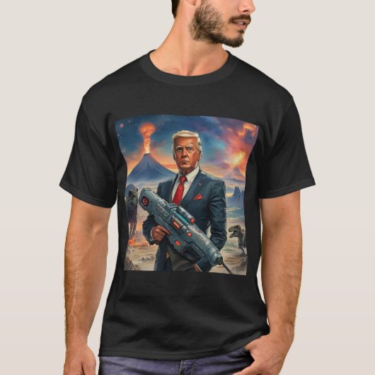 エイリアン惑星恐竜レーザー銃火山の上のトランプ Tシャツ (正面)